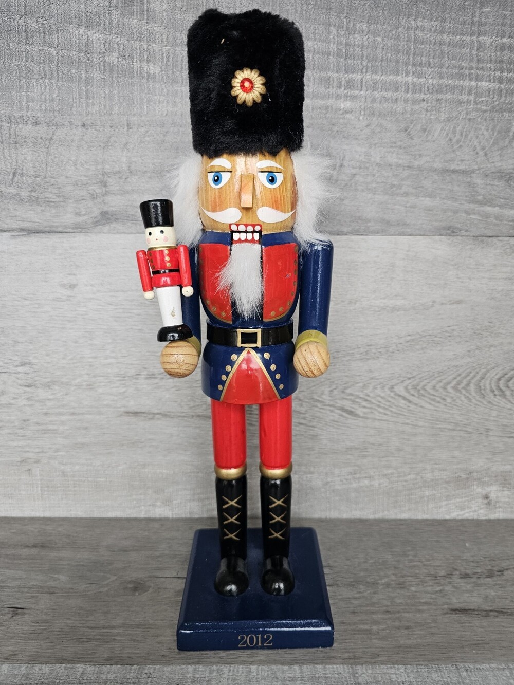 Christmas Wood Nutcracker Navy Blue Red Solider Holding Mini Nutcracker